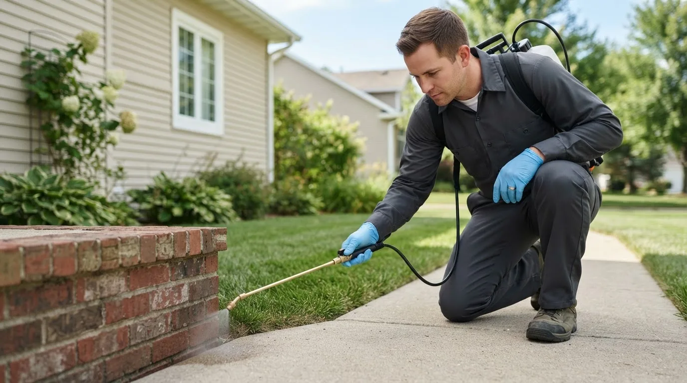 Pest control technician treating a home near Bohemia, NY